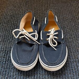 Sperry Dark Blue Boat Shoes with Cream Laces